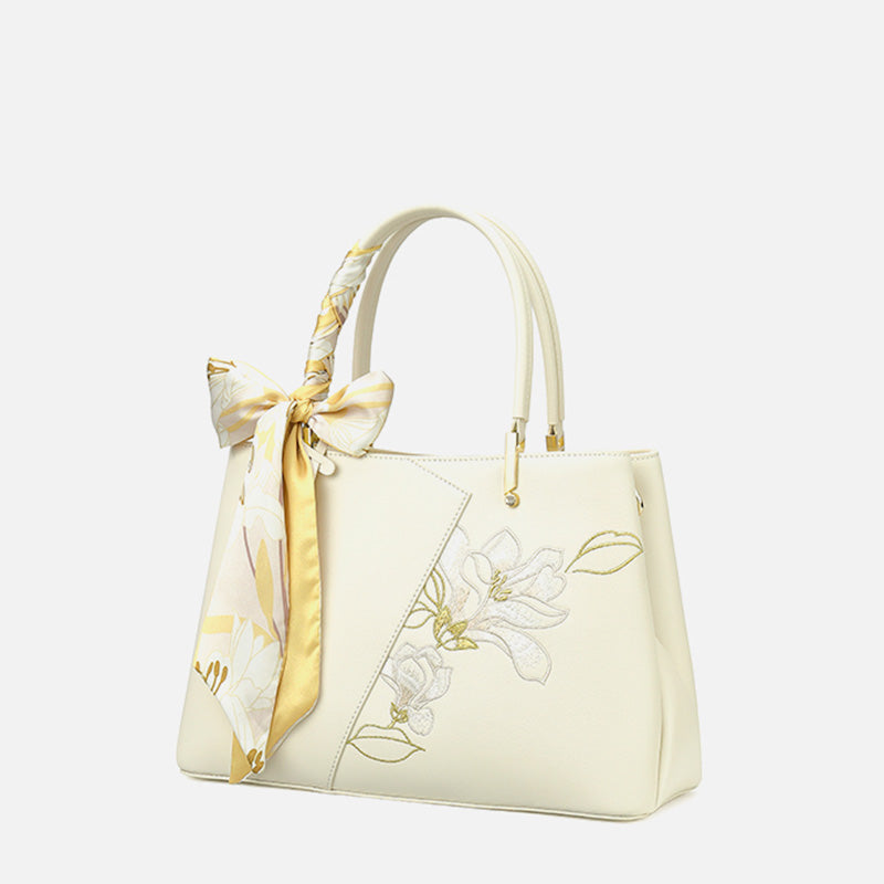 Embroidery Leather Magnolia Leather Tote Bag-Tote Bag-SinoCultural-SinoCultural