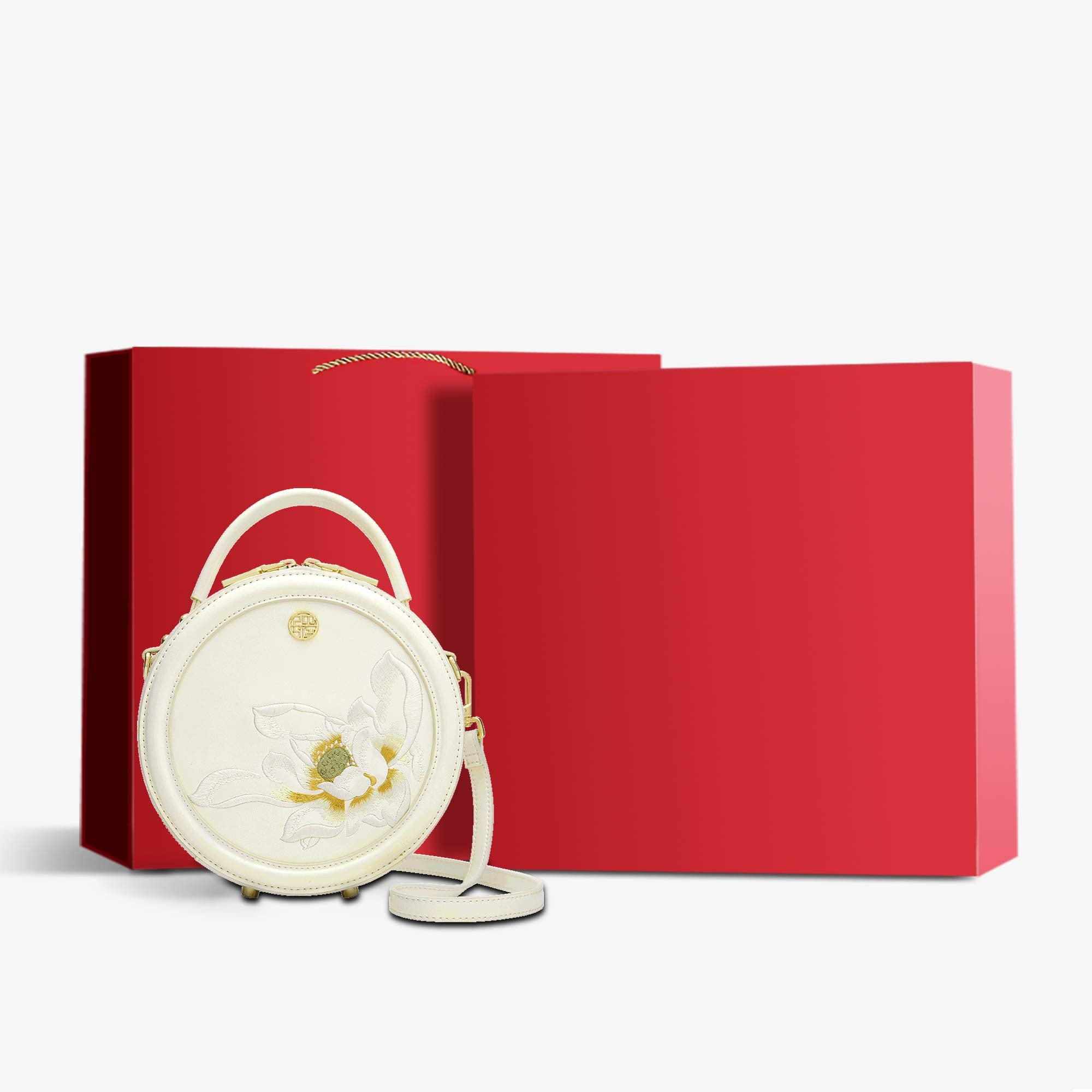 Embroidery Leather White Lotus Round Bag-Handbag-SinoCultural-White-Bag with Gift Box-P120355-g-SinoCultural
