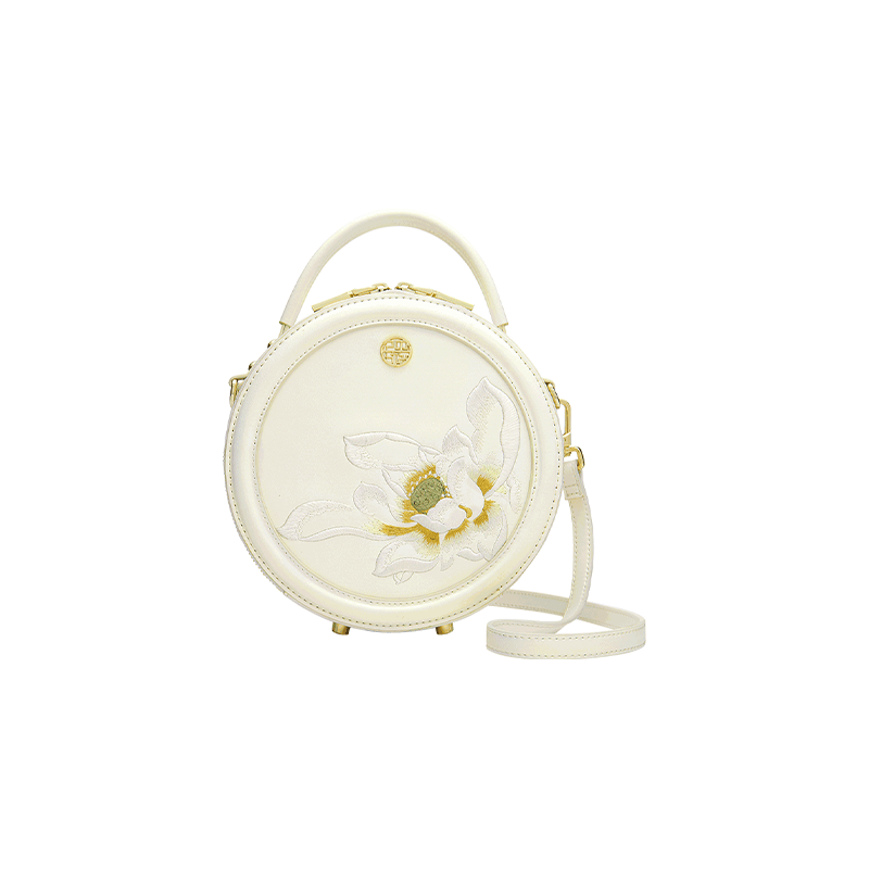 Embroidery Leather White Round Handbag Lotus - SinoCultural