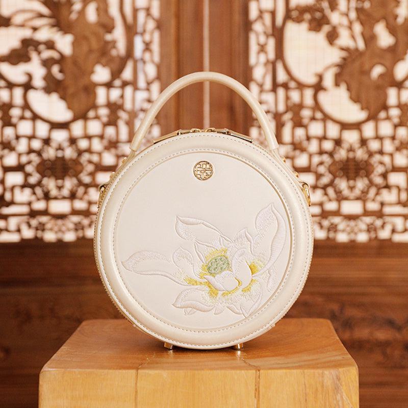 Embroidery Leather White Lotus Round Bag-Handbag-SinoCultural-SinoCultural