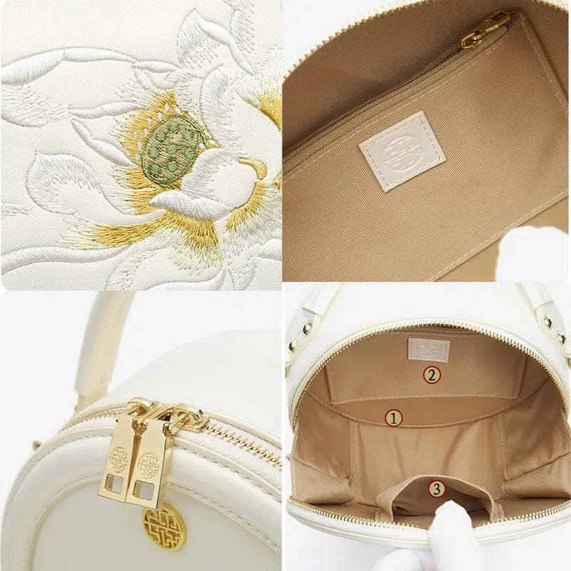 Embroidery Leather White Lotus Round Bag