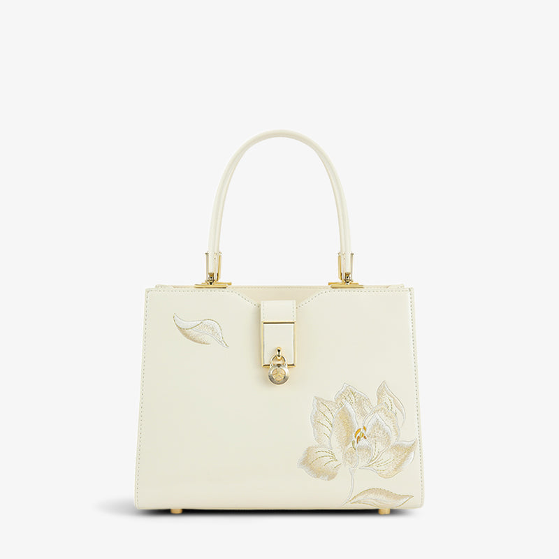 Embroidery Leather White Tote Bag Snow Lotus-Tote Bag-SinoCultural-White-Single Bag-P120361-SinoCultural