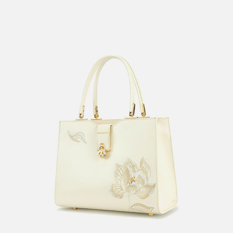 Embroidery Leather White Tote Bag Snow Lotus-Tote Bag-SinoCultural-SinoCultural