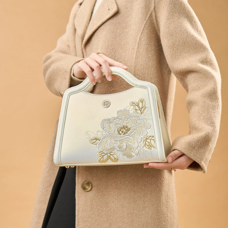 Embroidery Peony White Leather Tote Bag - SinoCultural