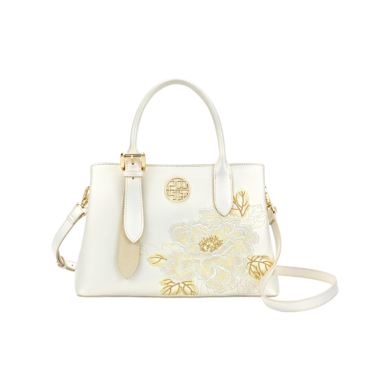 Embroidery Leather Tote Bag White Blooming Peony - SinoCultural