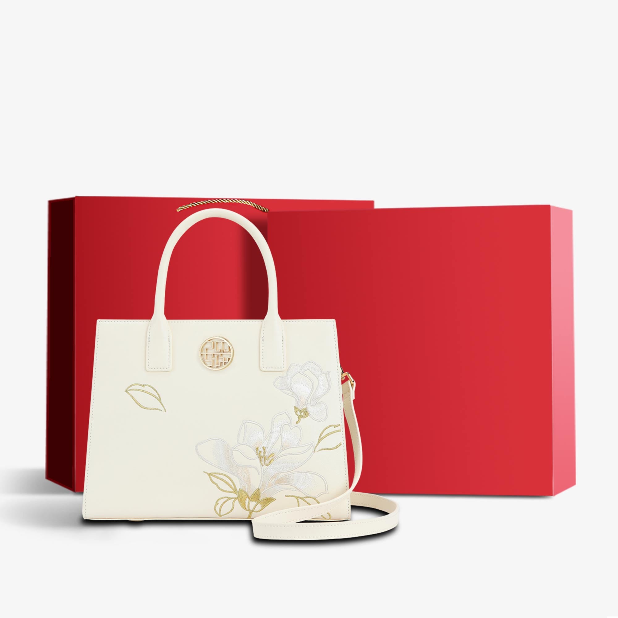 Embroidery Leather Tote Bag White Blooming Peony-Tote Bag-SinoCultural-White-Bag with Gift Box-P120436-g-SinoCultural