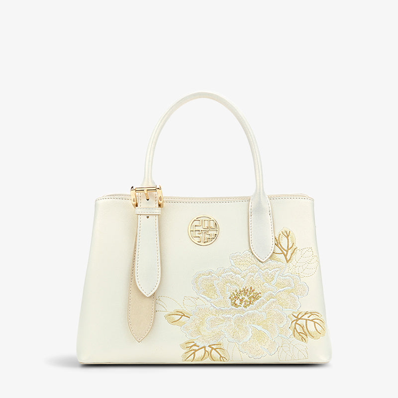 Embroidery Leather Tote Bag White Blooming Peony-Tote Bag-SinoCultural-White-Single Bag-P120436-SinoCultural