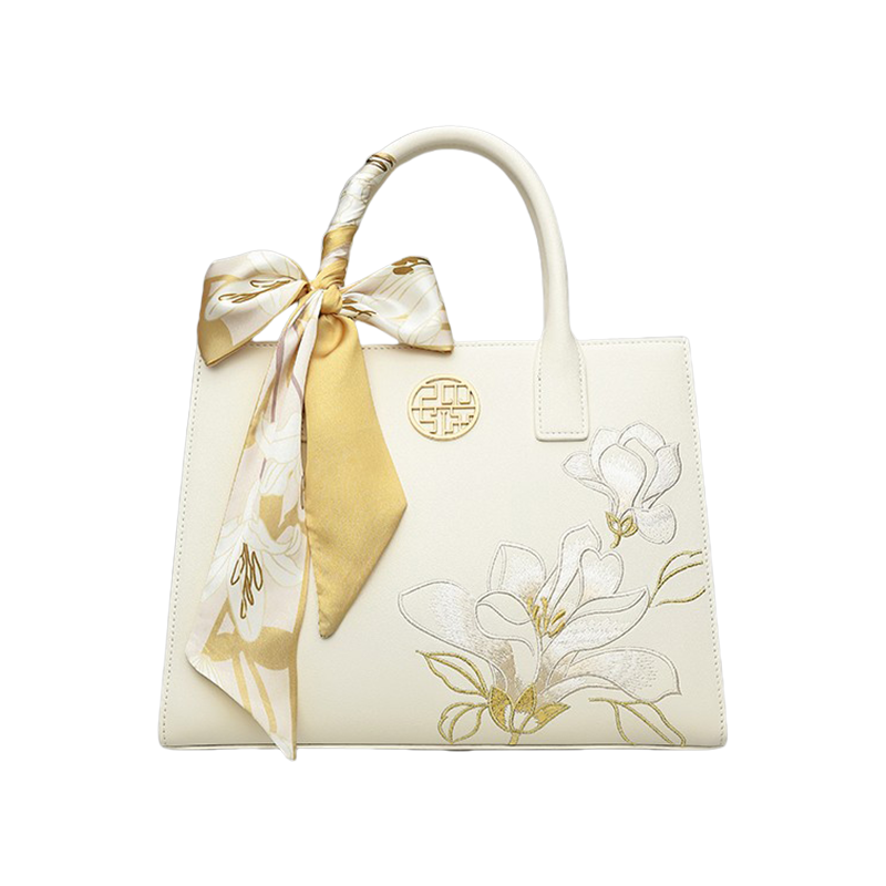 Embroidery Leather White Commuting Handbag Orchid with Scarf