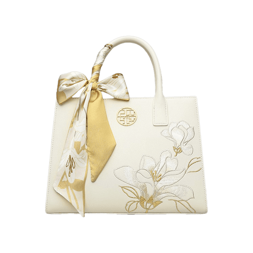 Luxury Embroidery Leather White Work Handbag Orchid with Scarf Details - SinoCultural -- P120437-1