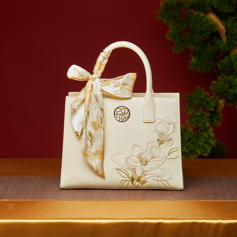 Embroidery Leather White Orchid Commuting Handbag-Tote Bag-SinoCultural-SinoCultural