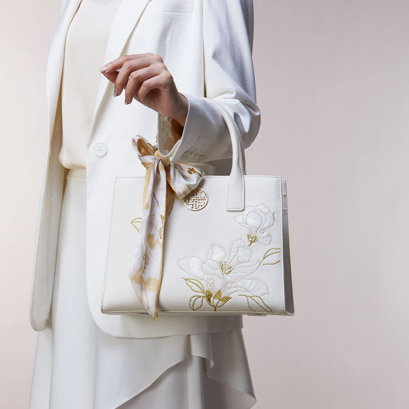 Embroidery Leather White Orchid Commuting Handbag
