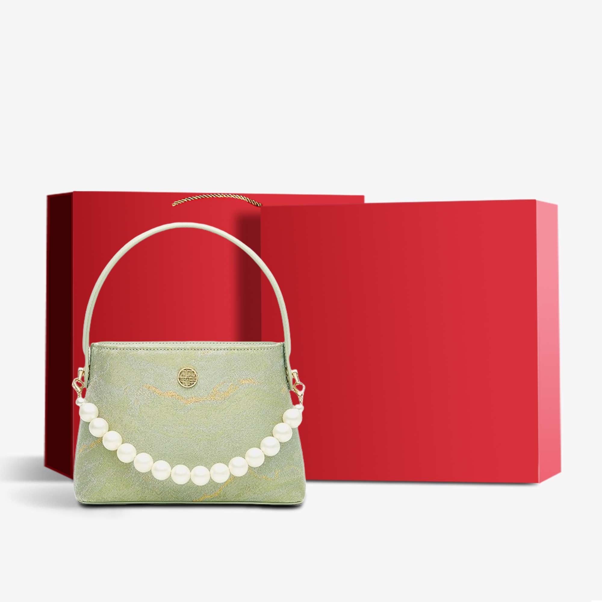 Brocade Pearl Handle Elegant Bucket Bag-Bucket Bag-SinoCultural-Green-Bag with Gift Box-P120438-1-g-SinoCultural
