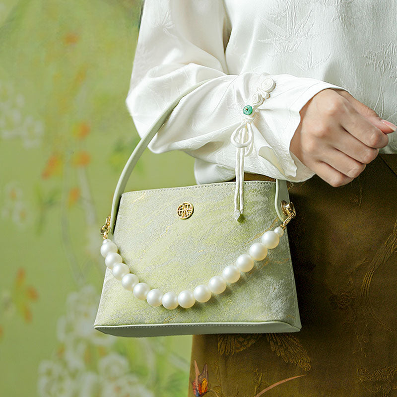 Brocade Pearl Handle Elegant Bucket Bag-Bucket Bag-SinoCultural-SinoCultural