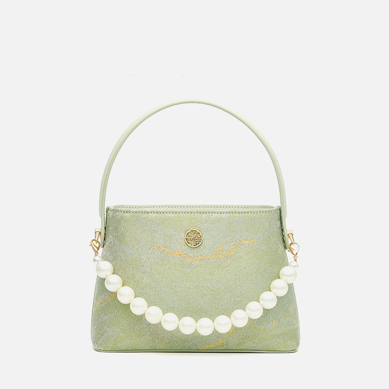 Brocade Pearl Handle Elegant Bucket Bag-Bucket Bag-SinoCultural-Green-Single Bag-P120438-1-SinoCultural