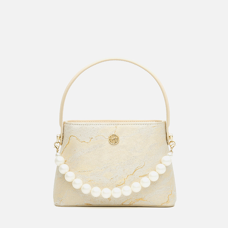 Brocade Pearl Handle Elegant Bucket Bag-Bucket Bag-SinoCultural-Khaki-Single Bag-P120438-2-SinoCultural