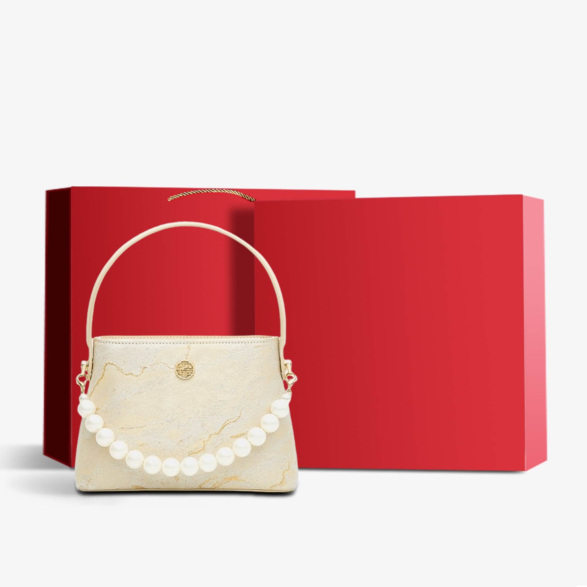 Brocade Pearl Handle Elegant Bucket Bag-Bucket Bag-SinoCultural-Khaki-Bag with Gift Box-P120438-2-g-SinoCultural