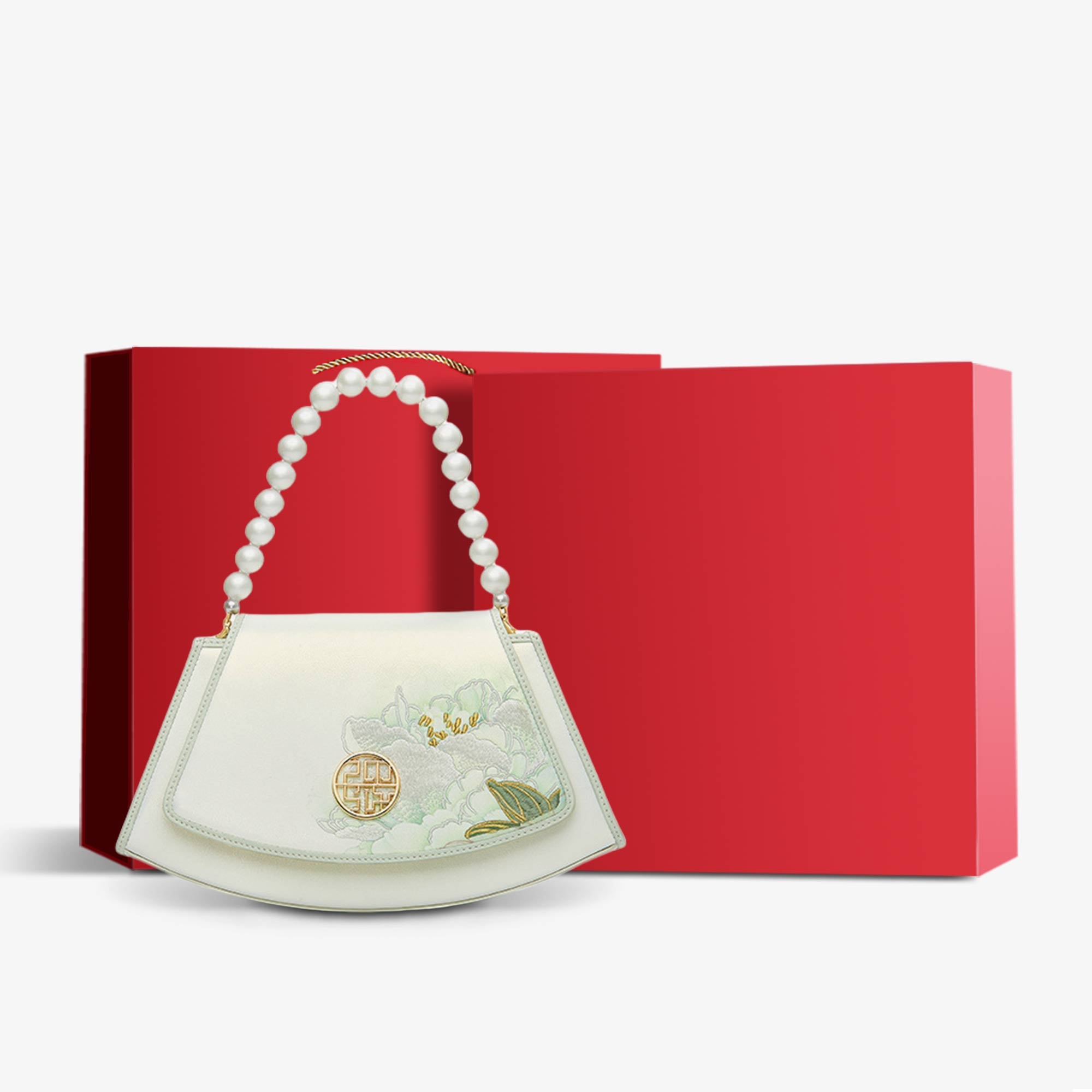 Embroidery Leather Vintage White Lotus Handbag with Pendant