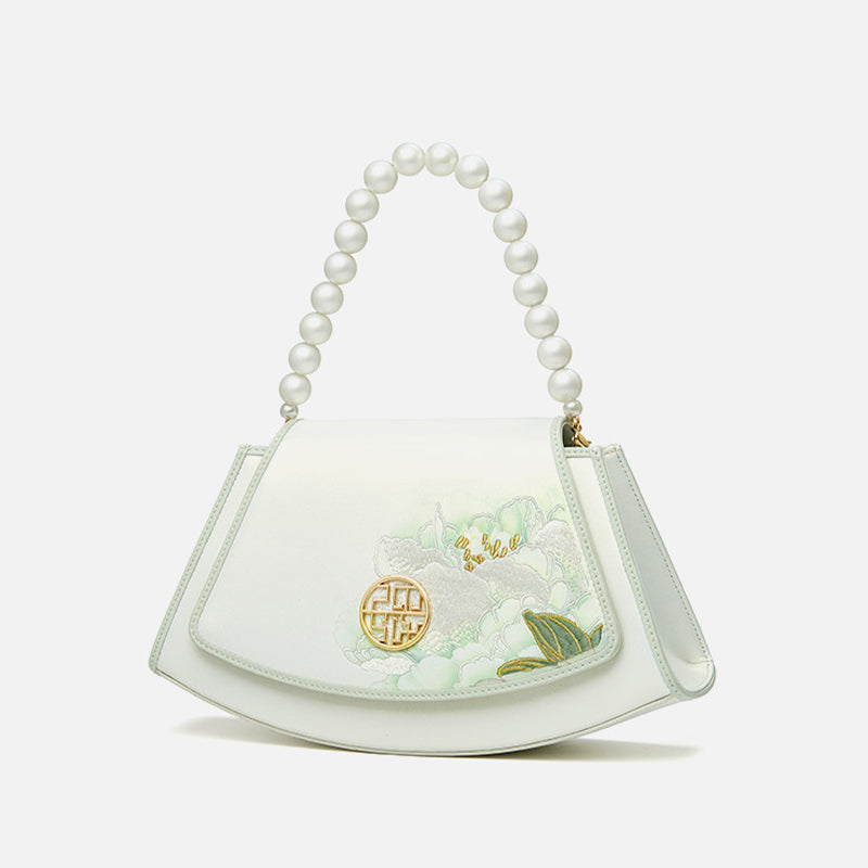 Embroidery Leather Vintage White Lotus Handbag with Pendant