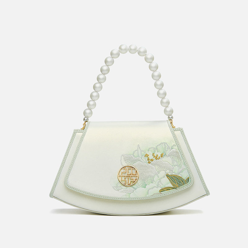 Embroidery Leather Vintage White Lotus Handbag with Pendant