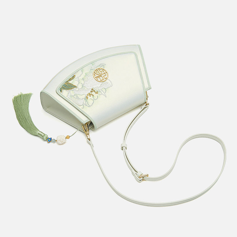 Embroidery Leather Vintage White Lotus Handbag with Pendant