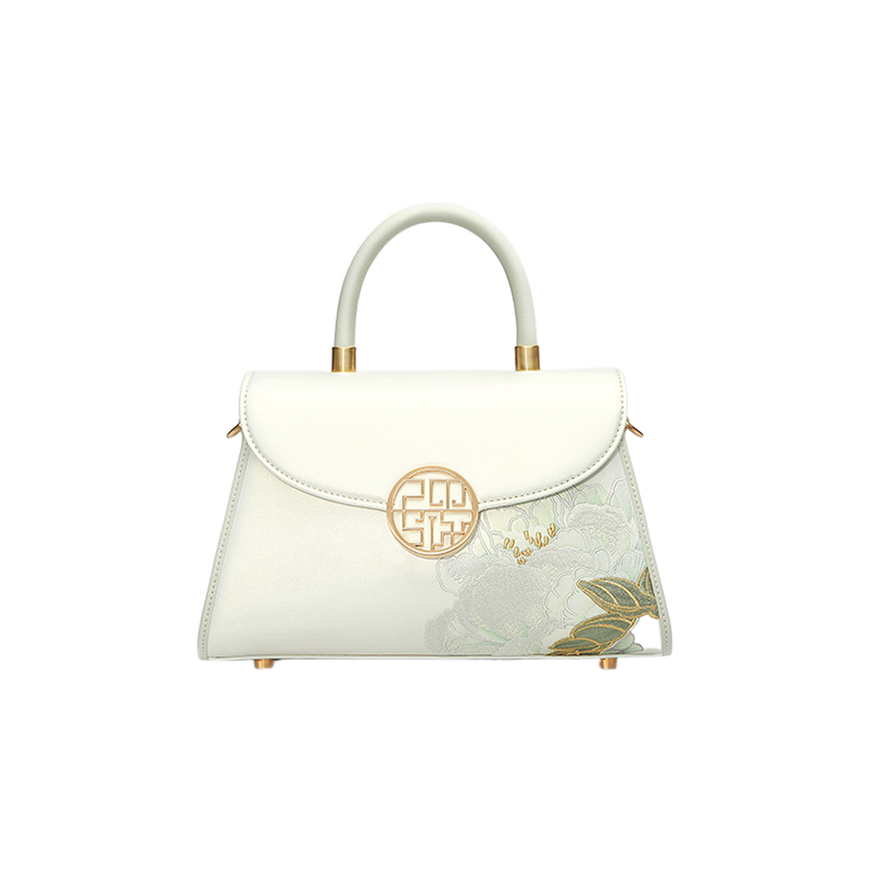 Embroidery Leather White Crossbody Bag Hibiscus Women Handbag