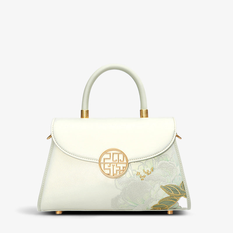 Embroidery Leather Crossbody Handbag Hibiscus with Pendant-Crossbody Bag-SinoCultural-White-Single Bag-P120447-SinoCultural