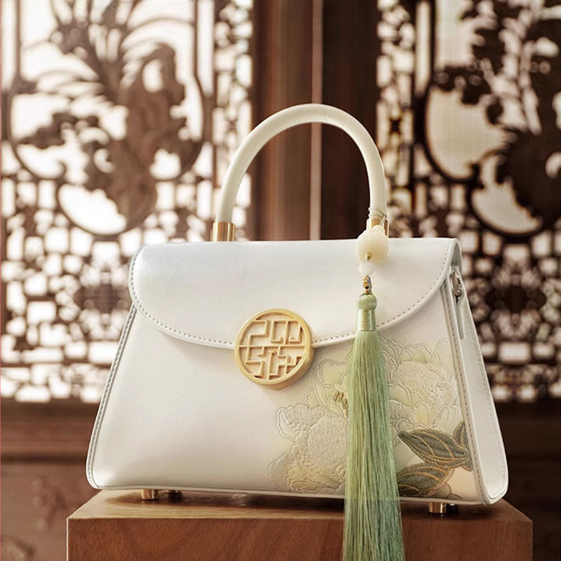 Embroidery Hibiscus Crossbody Handbag with Pendant