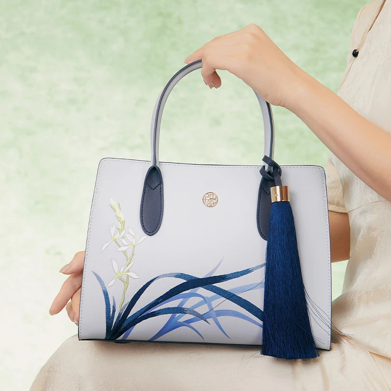 Embroidery Leather Tote Bag Blue Orchid with Pendant