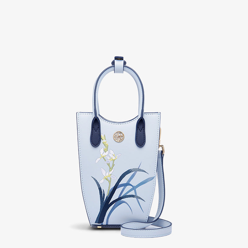 Embroidery Leather Phone Bag Blue Orchid-Handbag-SinoCultural-Blue-Single Bag-P120457-SinoCultural