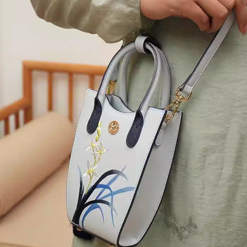 Embroidery Blue Orchid Leather Phone Bag