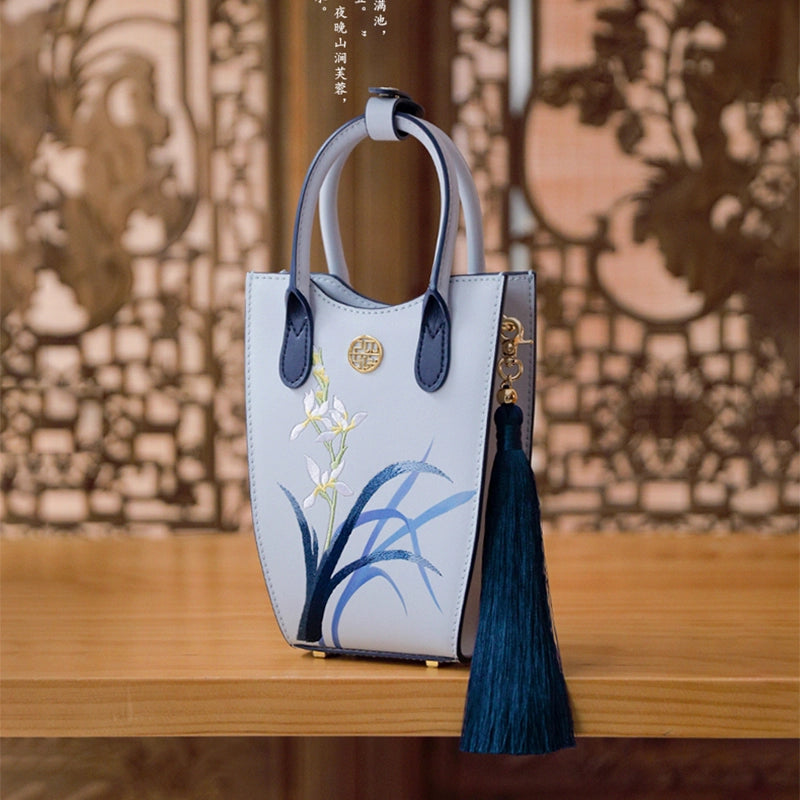 Embroidery Blue Orchid Leather Phone Bag