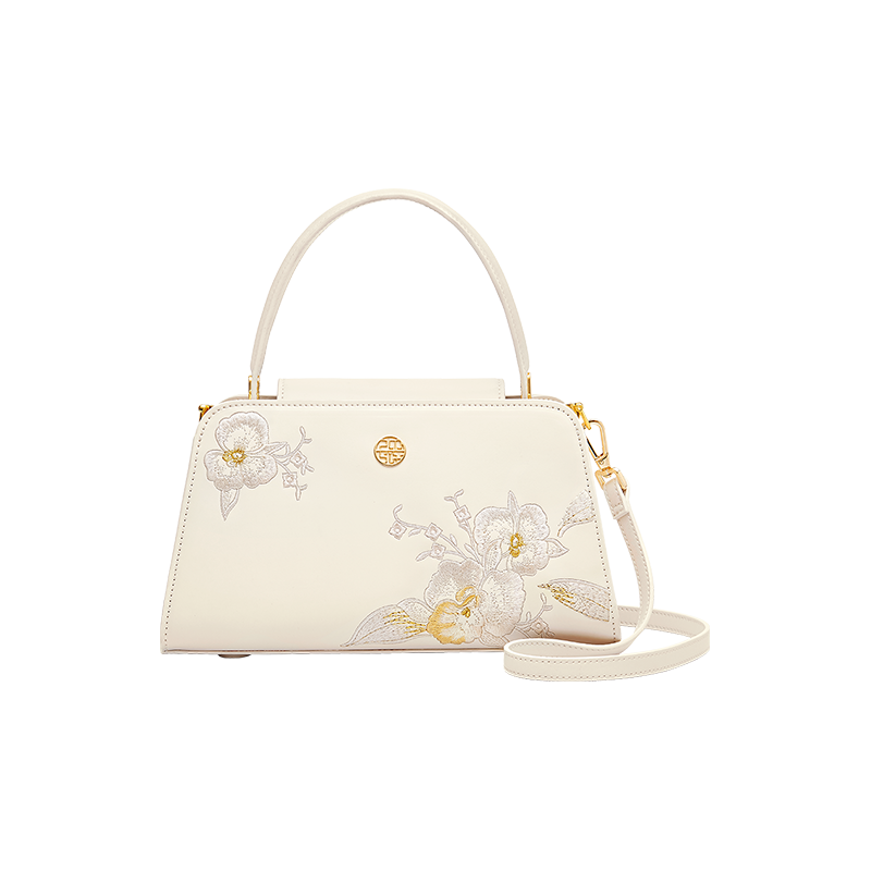 Embroidery Leather Floral Bag White Orchid Handbag