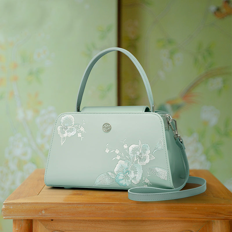 Embroidery Handmade Orchid Leather Women Handbag-Tote Bag-SinoCultural-Green-Single Bag-P120466-1-SinoCultural