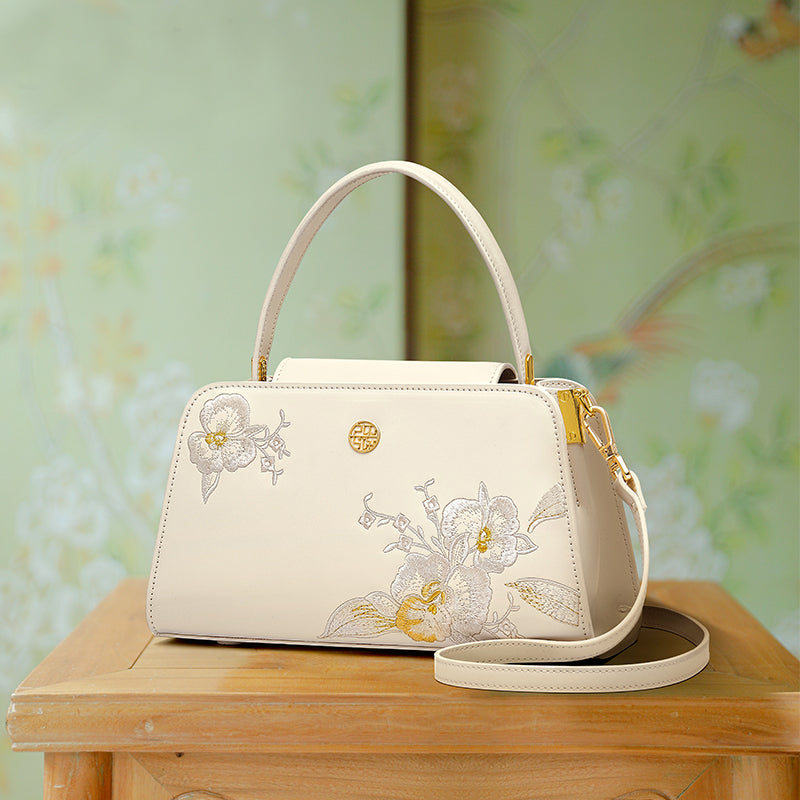 Embroidery Handmade Orchid Leather Women Handbag-Tote Bag-SinoCultural-White-Single Bag-P120466-2-SinoCultural