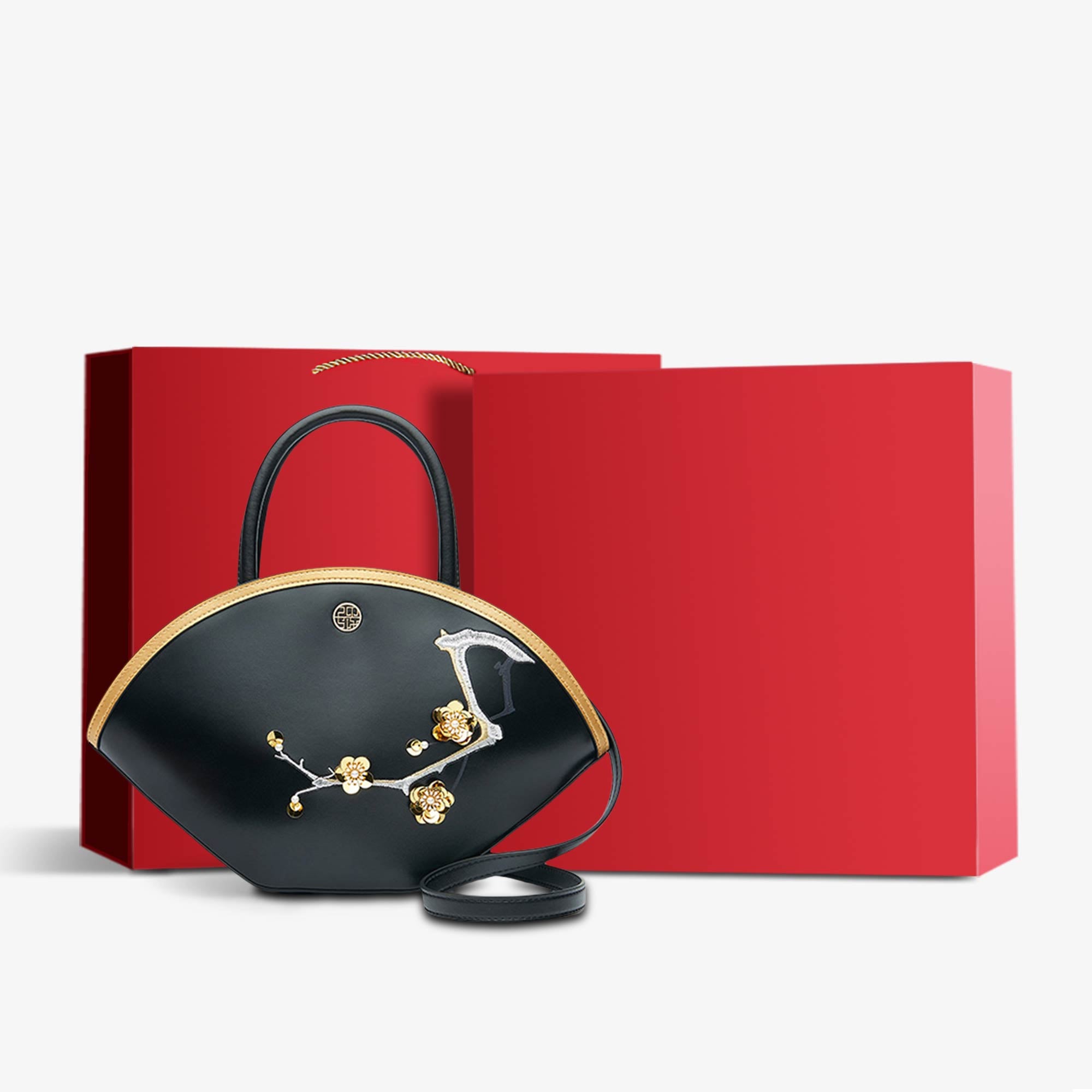 Embroidery Leather Black Basket Handbag 3D Peach Blossom-Tote Bag-SinoCultural-Black-Bag with Gift Box-P120469-g-SinoCultural