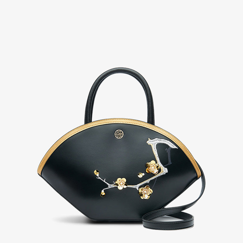 Embroidery Leather Black Basket Handbag 3D Peach Blossom-Tote Bag-SinoCultural-Black-Single Bag-P120469-SinoCultural