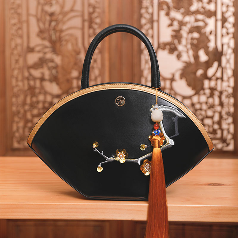 Embroidery Leather Black Basket Handbag 3D Peach Blossom-Tote Bag-SinoCultural-SinoCultural