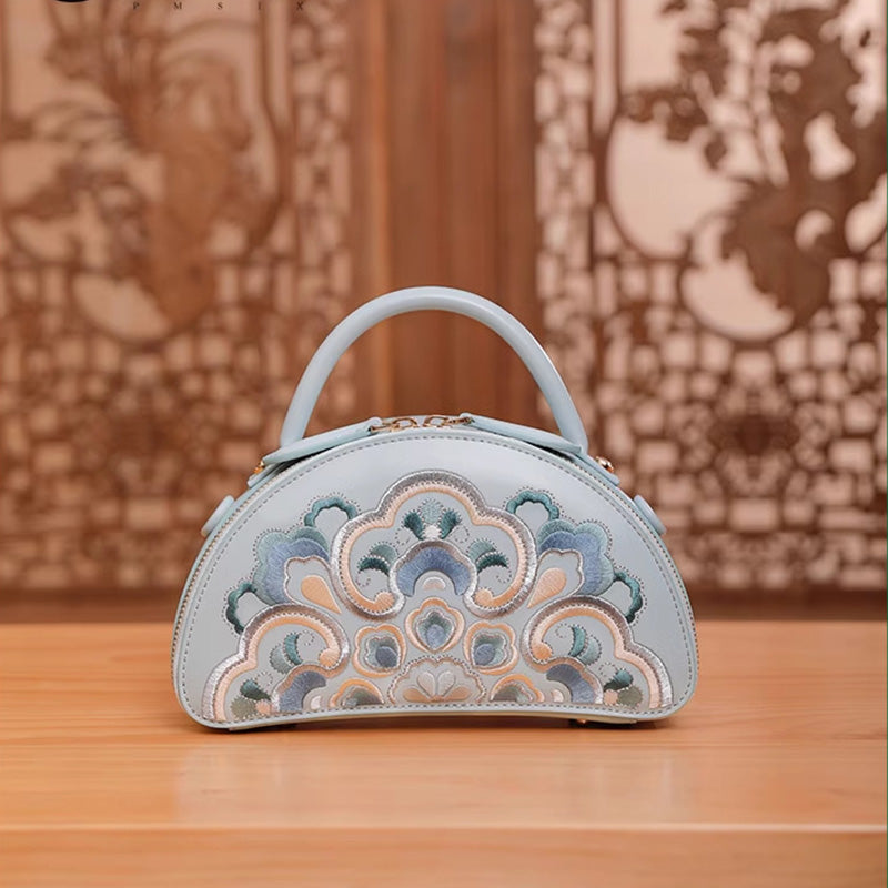 Embroiderey Blue Leather Shoulder Handbag Baoxiang Floral-Shoulder Bag-SinoCultural-SinoCultural