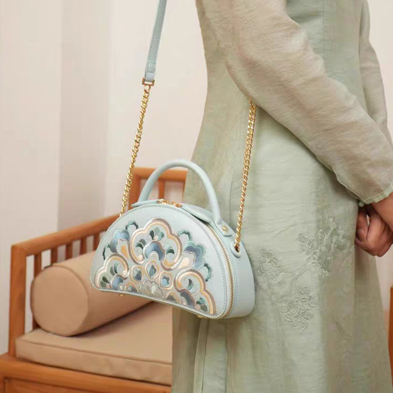 Embroiderey Blue Leather Shoulder Handbag Baoxiang Floral-Shoulder Bag-SinoCultural-SinoCultural