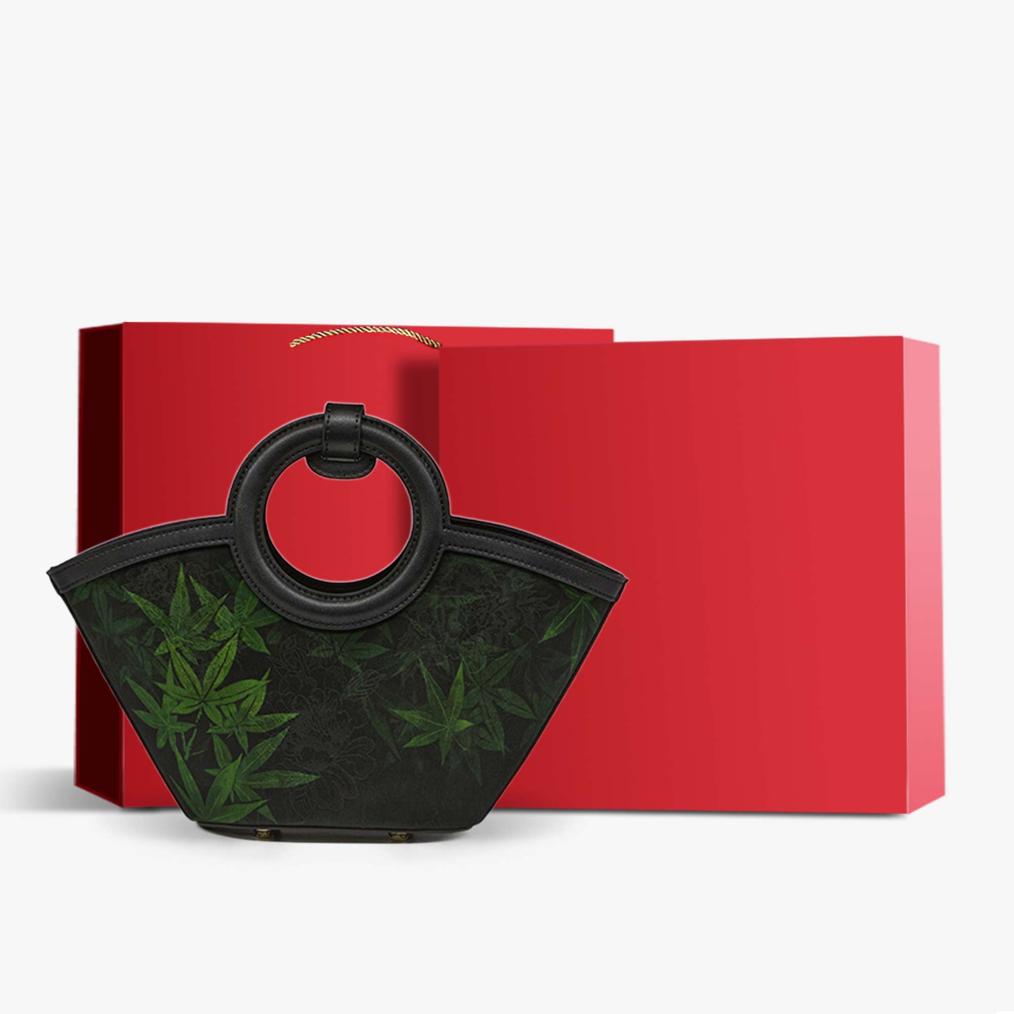 Song Brocade Black Maple Leaves Basket Bag-Handbag-SinoCultural-Black-Bag with Gift Box-P120497-g-SinoCultural