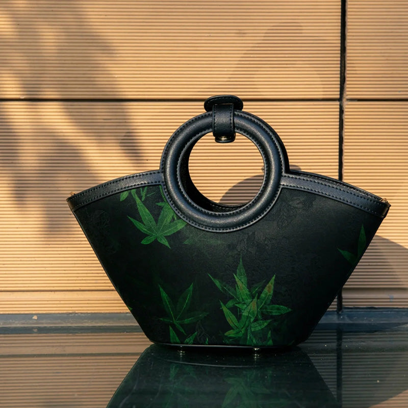 Song Brocade Black Maple Leaves Basket Bag-Handbag-SinoCultural-SinoCultural