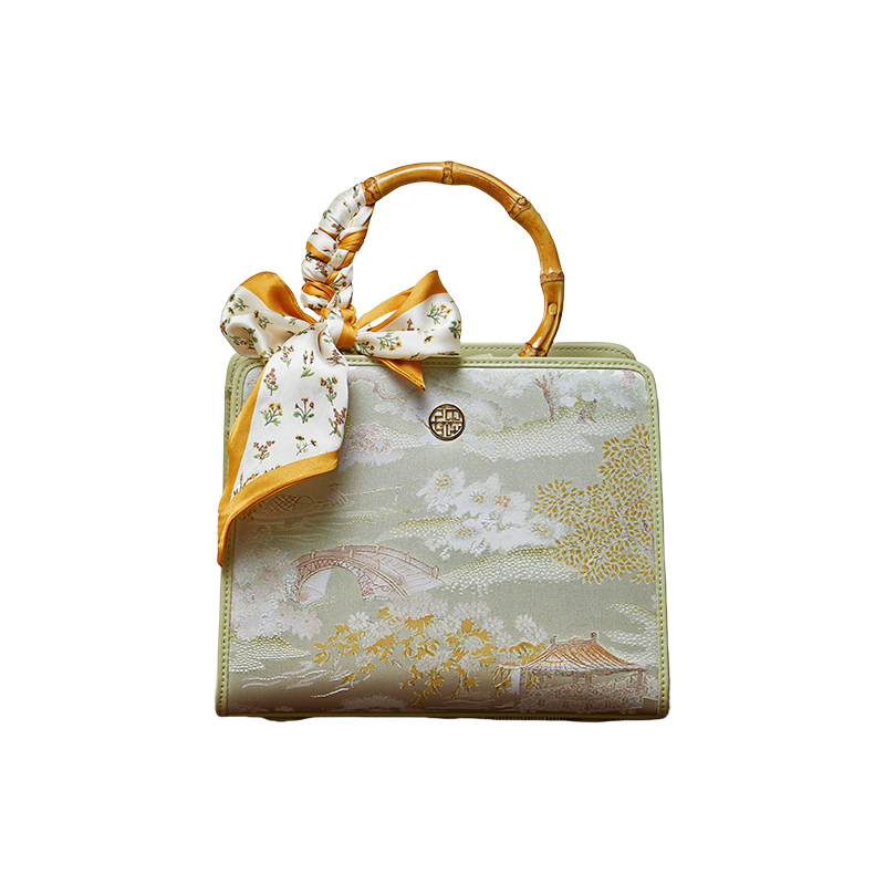 Chinese Painting Mulberry Silk Green Bamboo Handle Square Handbag with Scarf