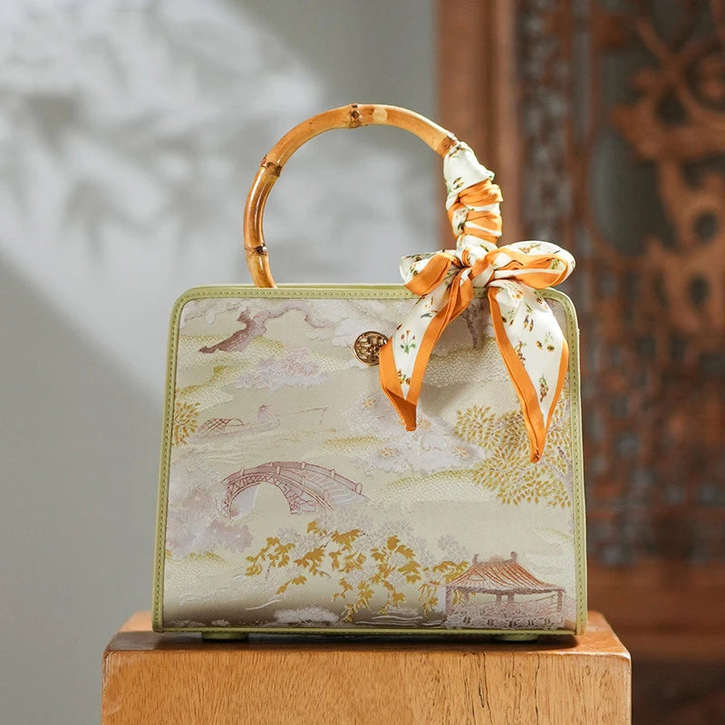 Chinese Painting Mulberry Silk Green Bamboo Handle Square Handbag