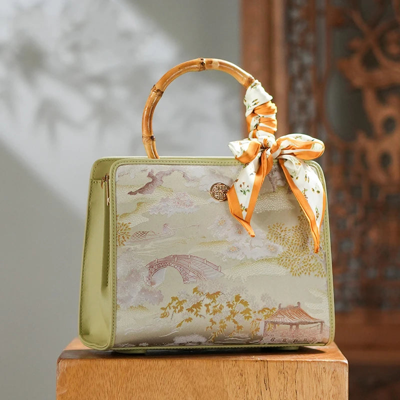 Chinese Painting Mulberry Silk Green Bamboo Handle Square Handbag