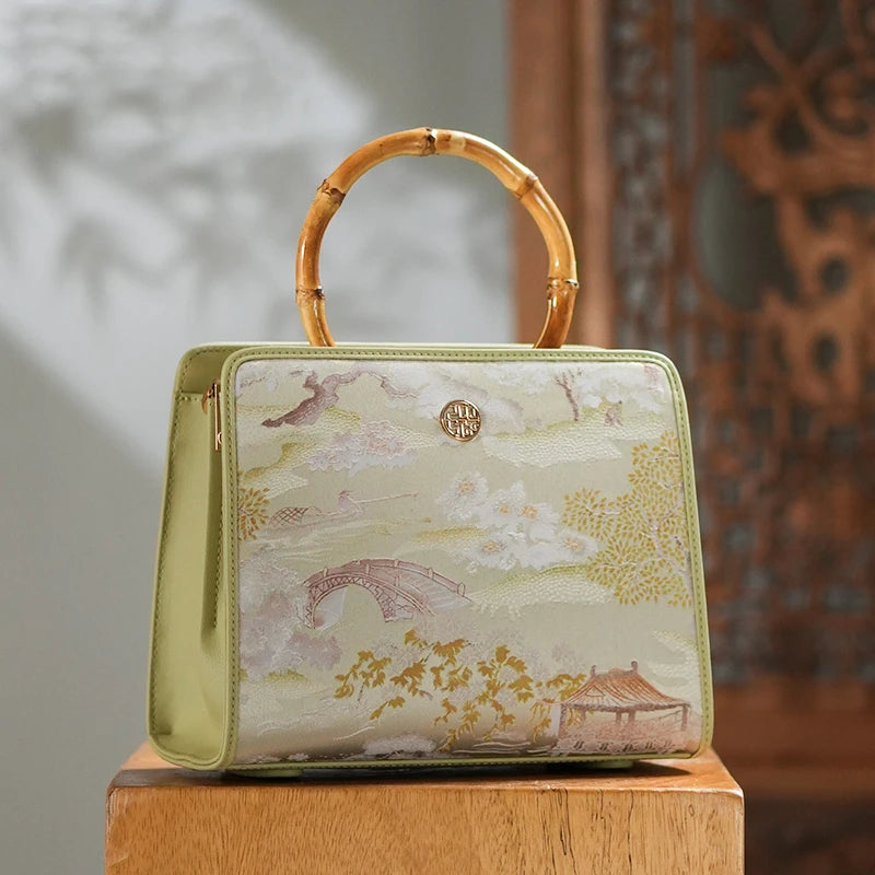 Chinese Painting Mulberry Silk Green Bamboo Handle Square Handbag