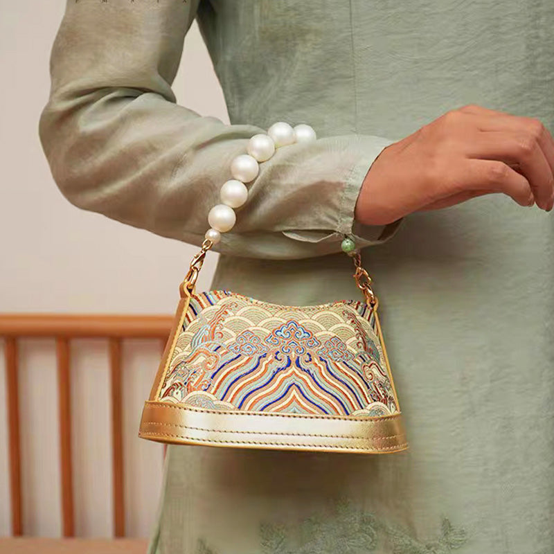 Shu Embroiderey Pearl Beaded Bucket Bag-Handbag-SinoCultural-SinoCultural