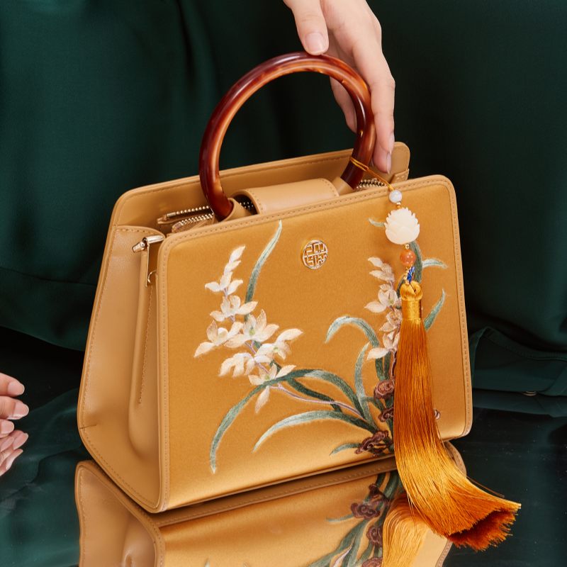 Hand Embroidery Orchid Leather Square Handbag with pendant