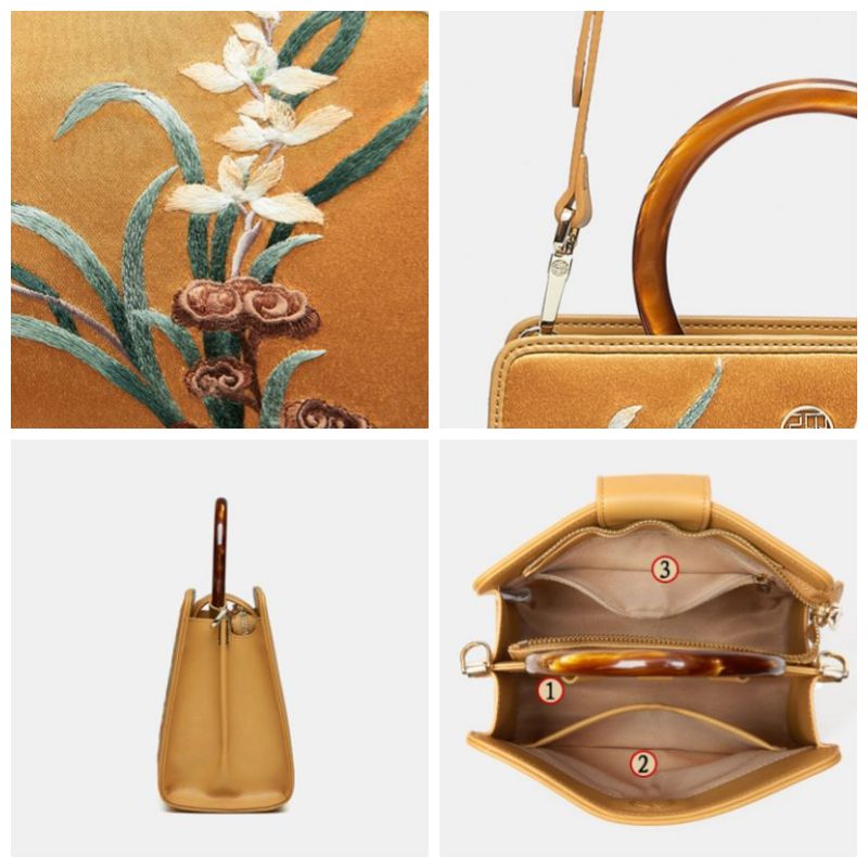 Hand Embroidery Orchid Leather Square Handbag with pendant