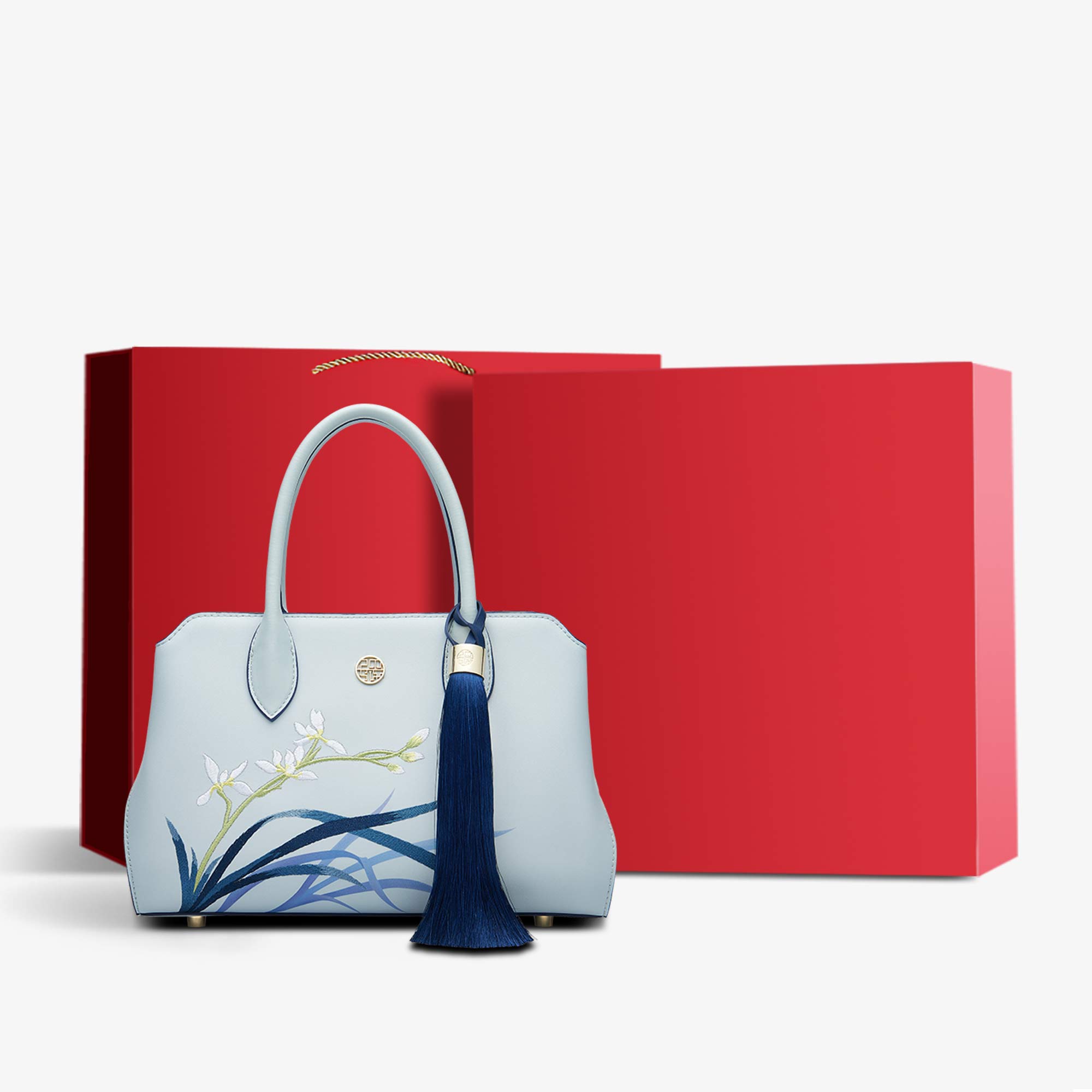 Embroidery Leather Crossbody Tote Bag Blue Orchid-Tote Bag-SinoCultural-Blue-Bag with Gift Box-P120609-g-SinoCultural