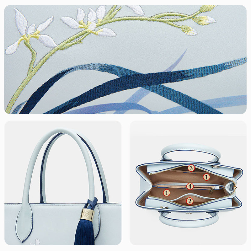 Embroidery Leather Crossbody Tote Bag Blue Orchid-Tote Bag-SinoCultural-SinoCultural